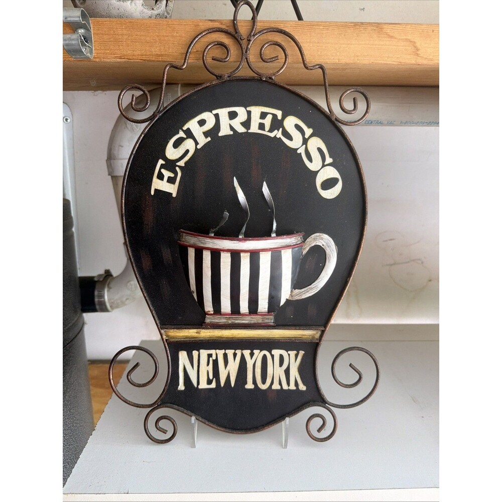 Black Metal Espresso Coffee Cup Wall Art Sign - New York Decor - 17" x 11"